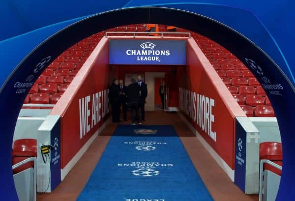 LIVERPOOL, ENGLAND - Wednesday, November 27, 2019: Liverpool and SSC Napoli crests on the Champions Arch before the UEFA Champions League Group E match between Liverpool FC and SSC Napoli at Anfield. (Pic by David Rawcliffe/Propaganda)