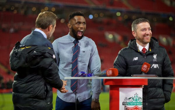 LIVERPOOL, ENGLAND - Wednesday, November 27, 2019: Soutrh Africa rugby captain Siya Kolisi is interviewed by LFC.TV before the UEFA Champions League Group E match between Liverpool FC and SSC Napoli at Anfield. (Pic by David Rawcliffe/Propaganda)