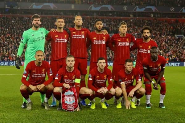 LIVERPOOL, ENGLAND - Wednesday, November 27, 2019: Liverpool players line-up for a team group photograph before the UEFA Champions League Group E match between Liverpool FC and SSC Napoli at Anfield. Back row L-R: goalkeeper Alisson Becker, Dejan Lovren, Virgil van Dijk, Joe Gomez, Roberto Firmino, Mohamed Salah. Front row L-R: Fabio Henrique Tavares 'Fabinho', captain Jordan Henderson, Andy Robertson, James Milner., Sadio Mané. (Pic by David Rawcliffe/Propaganda)