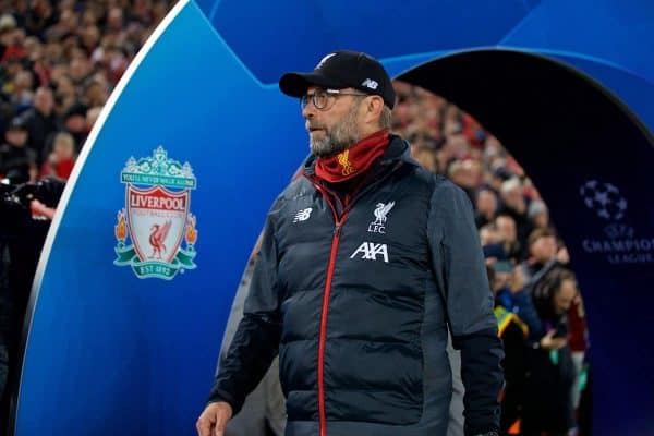 LIVERPOOL, ENGLAND - Wednesday, November 27, 2019: Liverpool's manager Jürgen Klopp before the UEFA Champions League Group E match between Liverpool FC and SSC Napoli at Anfield. (Pic by David Rawcliffe/Propaganda)
