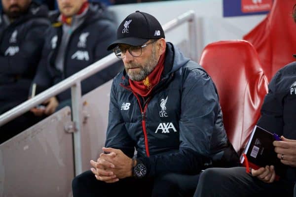 LIVERPOOL, ENGLAND - Wednesday, November 27, 2019: Liverpool's manager Jürgen Klopp before the UEFA Champions League Group E match between Liverpool FC and SSC Napoli at Anfield. (Pic by David Rawcliffe/Propaganda)