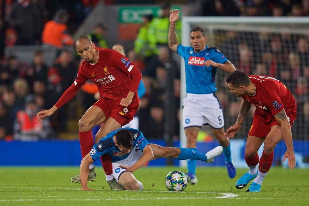 LIVERPOOL, ENGLAND - Wednesday, November 27, 2019: SSC Napoli's Hirving Lozano falls onto the left ankle of Liverpool's Fabio Henrique Tavares 'Fabinho' during the UEFA Champions League Group E match between Liverpool FC and SSC Napoli at Anfield. (Pic by David Rawcliffe/Propaganda)