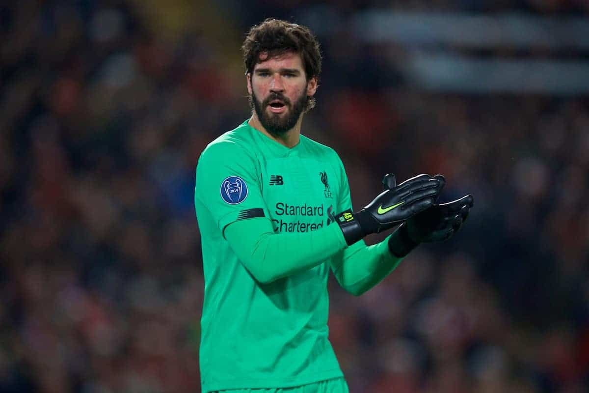 LIVERPOOL, ENGLAND - Wednesday, November 27, 2019: Liverpool's goalkeeper Alisson Becker during the UEFA Champions League Group E match between Liverpool FC and SSC Napoli at Anfield. (Pic by David Rawcliffe/Propaganda)