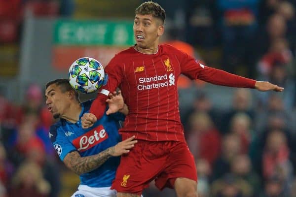 LIVERPOOL, ENGLAND - Wednesday, November 27, 2019: Liverpool's Roberto Firmino (R) and SSC Napoli's Allan Marques Loureiro during the UEFA Champions League Group E match between Liverpool FC and SSC Napoli at Anfield. (Pic by David Rawcliffe/Propaganda)