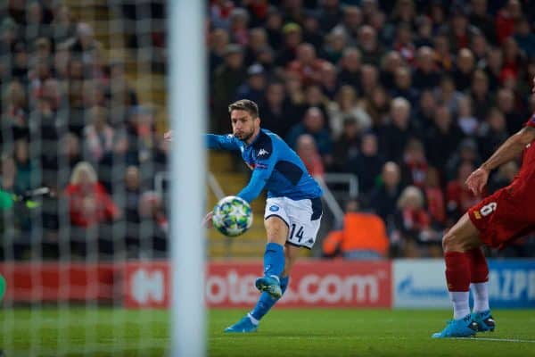 LIVERPOOL, ENGLAND - Wednesday, November 27, 2019: SSC Napoli's Dries Mertens scores the first goal during the UEFA Champions League Group E match between Liverpool FC and SSC Napoli at Anfield. (Pic by David Rawcliffe/Propaganda)