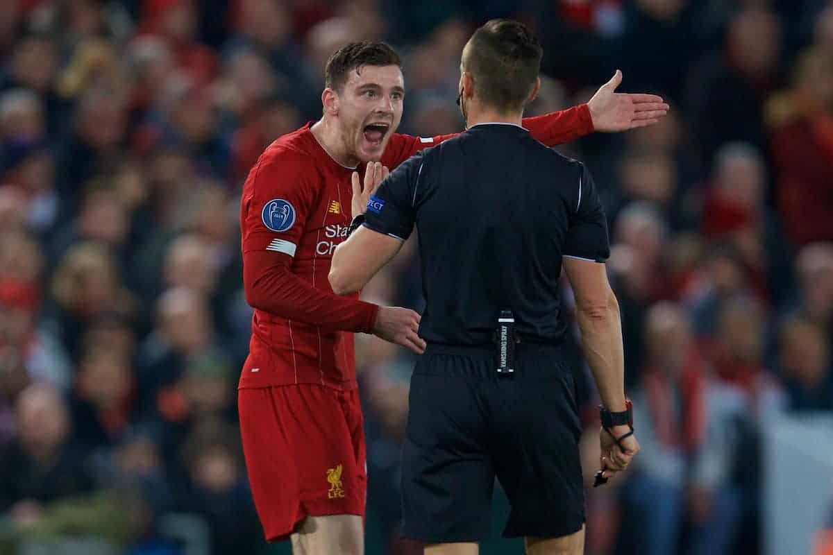 LIVERPOOL, ENGLAND - Wednesday, November 27, 2019: Liverpool's Andy Robertson appeals to the referee after Napoli score the opening goal during the UEFA Champions League Group E match between Liverpool FC and SSC Napoli at Anfield. (Pic by David Rawcliffe/Propaganda)