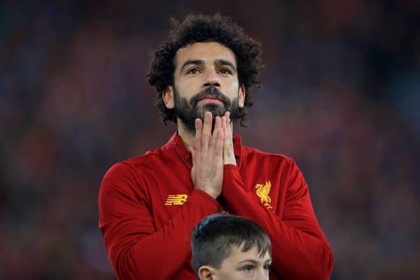 LIVERPOOL, ENGLAND - Wednesday, November 27, 2019: Liverpool's Mohamed Salah lines-up before the UEFA Champions League Group E match between Liverpool FC and SSC Napoli at Anfield. (Pic by David Rawcliffe/Propaganda)