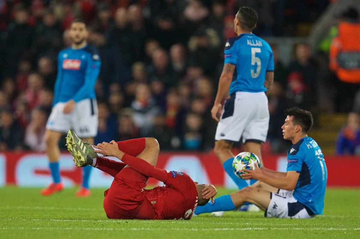 LIVERPOOL, ENGLAND - Wednesday, November 27, 2019: Liverpool's Fabio Henrique Tavares 'Fabinho' goes down with an injury to his left ankle during the UEFA Champions League Group E match between Liverpool FC and SSC Napoli at Anfield. (Pic by David Rawcliffe/Propaganda)