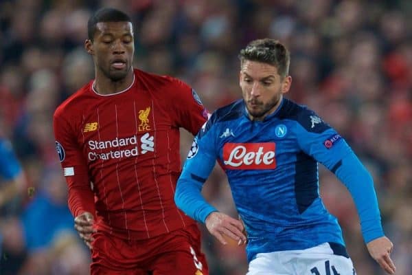 LIVERPOOL, ENGLAND - Wednesday, November 27, 2019: SSC Napoli's Dries Mertens (R) and Liverpool's Georginio Wijnaldum during the UEFA Champions League Group E match between Liverpool FC and SSC Napoli at Anfield. (Pic by David Rawcliffe/Propaganda)