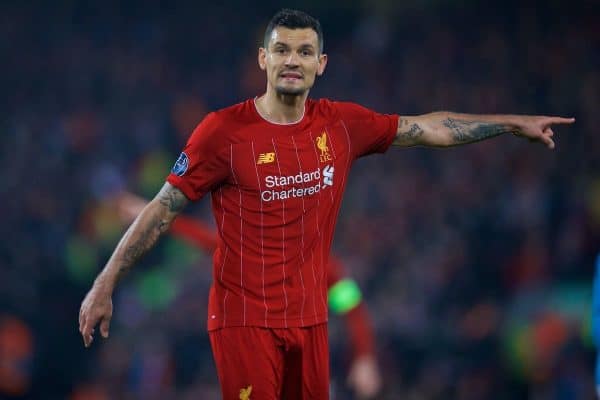 LIVERPOOL, ENGLAND - Wednesday, November 27, 2019: Liverpool's Dejan Lovren during the UEFA Champions League Group E match between Liverpool FC and SSC Napoli at Anfield. (Pic by David Rawcliffe/Propaganda)