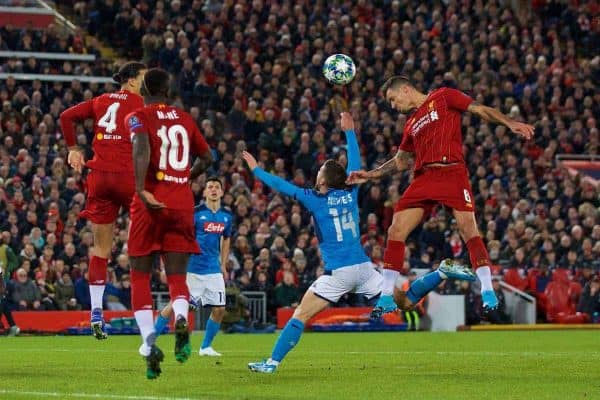 LIVERPOOL, ENGLAND - Wednesday, November 27, 2019: Liverpool's Dejan Lovren scores the first equalising goal with a header to level the score at 1-1 during the UEFA Champions League Group E match between Liverpool FC and SSC Napoli at Anfield. (Pic by David Rawcliffe/Propaganda)