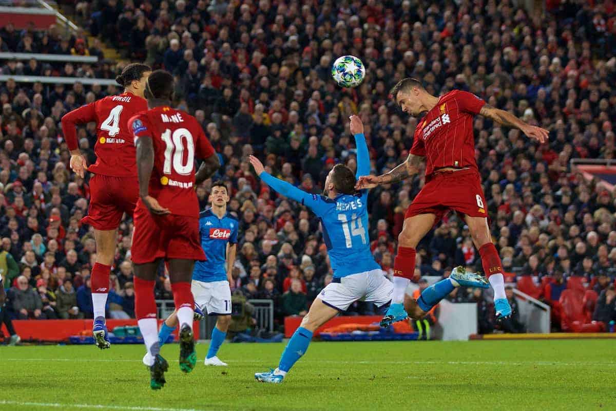 LIVERPOOL, ENGLAND - Wednesday, November 27, 2019: Liverpool's Dejan Lovren scores the first equalising goal with a header to level the score at 1-1 during the UEFA Champions League Group E match between Liverpool FC and SSC Napoli at Anfield. (Pic by David Rawcliffe/Propaganda)