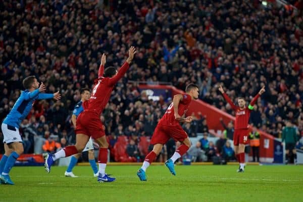 LIVERPOOL, ENGLAND - Wednesday, November 27, 2019: Liverpool's Dejan Lovren celebrates after the first equalising goal with a header to level the score at 1-1 during the UEFA Champions League Group E match between Liverpool FC and SSC Napoli at Anfield. (Pic by David Rawcliffe/Propaganda)