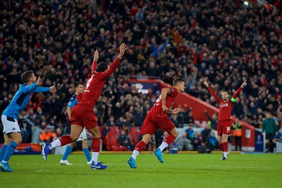 LIVERPOOL, ENGLAND - Wednesday, November 27, 2019: Liverpool's Dejan Lovren celebrates after the first equalising goal with a header to level the score at 1-1 during the UEFA Champions League Group E match between Liverpool FC and SSC Napoli at Anfield. (Pic by David Rawcliffe/Propaganda)