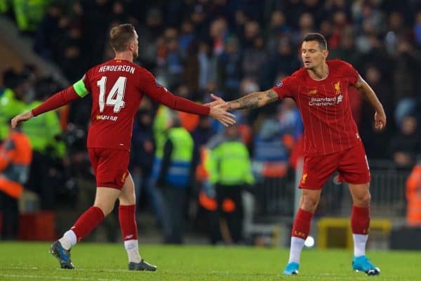 LIVERPOOL, ENGLAND - Wednesday, November 27, 2019: Liverpool's Dejan Lovren (R) celebrates after scoring the first equalising goal with a header to level the score at 1-1 during the UEFA Champions League Group E match between Liverpool FC and SSC Napoli at Anfield. (Pic by David Rawcliffe/Propaganda)