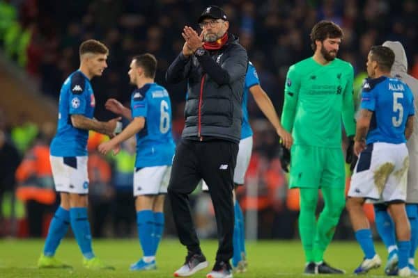 LIVERPOOL, ENGLAND - Wednesday, November 27, 2019: Liverpool's manager Jürgen Klopp applauds the supporters after the UEFA Champions League Group E match between Liverpool FC and SSC Napoli at Anfield. The game ended in a 1-1 draw. (Pic by David Rawcliffe/Propaganda)