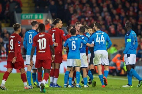 LIVERPOOL, ENGLAND - Wednesday, November 27, 2019: Liverpool and SSC Napoli players clash during the UEFA Champions League Group E match between Liverpool FC and SSC Napoli at Anfield. (Pic by David Rawcliffe/Propaganda)