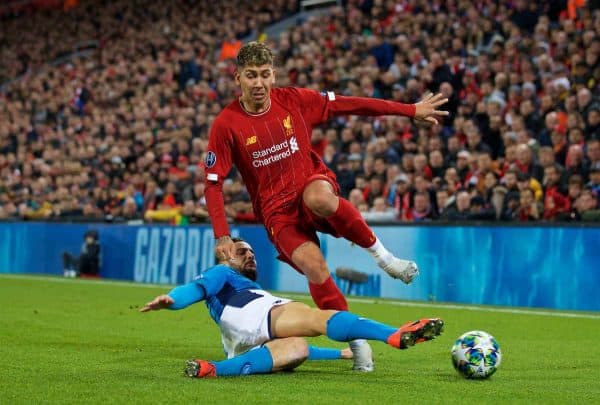 LIVERPOOL, ENGLAND - Wednesday, November 27, 2019: Liverpool's Roberto Firmino (R) and SSC Napoli's Kostas Manolas during the UEFA Champions League Group E match between Liverpool FC and SSC Napoli at Anfield. (Pic by David Rawcliffe/Propaganda)