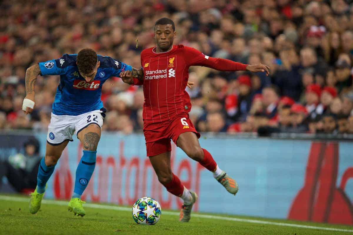 LIVERPOOL, ENGLAND - Wednesday, November 27, 2019: Liverpool's Georginio Wijnaldum (R) and SSC Napoli's Giovanni Di Lorenzo during the UEFA Champions League Group E match between Liverpool FC and SSC Napoli at Anfield. (Pic by David Rawcliffe/Propaganda)