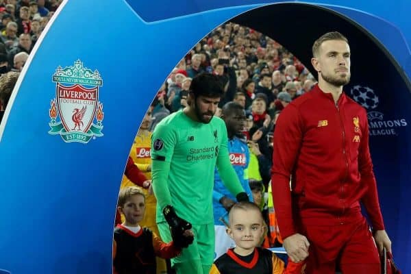 LIVERPOOL, ENGLAND - Wednesday, November 27, 2019: Liverpool's captain Jordan Henderson leads his side out before the UEFA Champions League Group E match between Liverpool FC and SSC Napoli at Anfield. (Pic by David Rawcliffe/Propaganda)