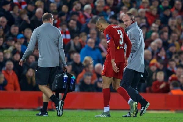 LIVERPOOL, ENGLAND - Wednesday, November 27, 2019: Liverpool's Fabio Henrique Tavares 'Fabinho' goes off injured during the UEFA Champions League Group E match between Liverpool FC and SSC Napoli at Anfield. (Pic by David Rawcliffe/Propaganda)