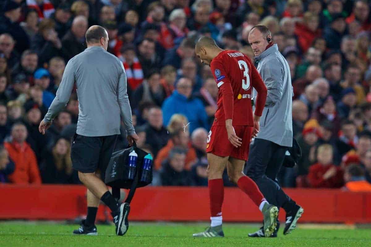 LIVERPOOL, ENGLAND - Wednesday, November 27, 2019: Liverpool's Fabio Henrique Tavares 'Fabinho' goes off injured during the UEFA Champions League Group E match between Liverpool FC and SSC Napoli at Anfield. (Pic by David Rawcliffe/Propaganda)