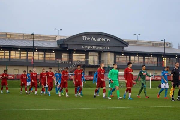 KIRKBY, ENGLAND - Wednesday, November 27, 2019: Liverpool's captain Curtis Jones leads his side out before2 the UEFA Youth League Group E match between Liverpool FC Under-19's and SSC Napoli Under-19's at the Liverpool Academy. (Pic by David Rawcliffe/Propaganda)