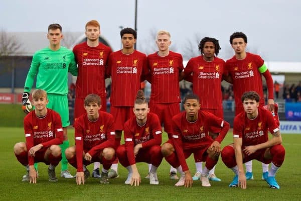 KIRKBY, ENGLAND - Wednesday, November 27, 2019: Liverpool players line-up for a team group photograph before the UEFA Youth League Group E match between Liverpool FC Under-19's and SSC Napoli Under-19's at the Liverpool Academy. (Pic by David Rawcliffe/Propaganda)