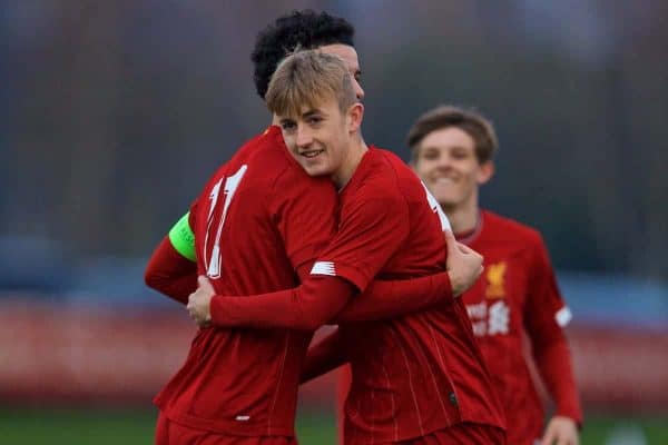 KIRKBY, ENGLAND - Wednesday, November 27, 2019: Liverpool's Jake Cain (R) celebrates scoring the first goal with team-mate captain Curtis Jones during the UEFA Youth League Group E match between Liverpool FC Under-19's and SSC Napoli Under-19's at the Liverpool Academy. (Pic by David Rawcliffe/Propaganda)