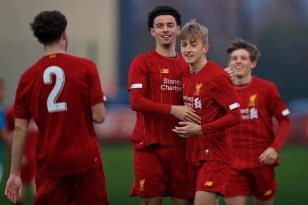 KIRKBY, ENGLAND - Wednesday, November 27, 2019: Liverpool's Jake Cain (R) celebrates scoring the first goal with team-mate captain Curtis Jones during the UEFA Youth League Group E match between Liverpool FC Under-19's and SSC Napoli Under-19's at the Liverpool Academy. (Pic by David Rawcliffe/Propaganda)