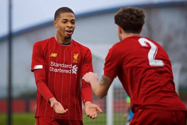 KIRKBY, ENGLAND - Wednesday, November 27, 2019: Liverpool's Elijah Dixon-Bonner celebrates scoring the third goal with team-mate Neco Williams (R) during the UEFA Youth League Group E match between Liverpool FC Under-19's and SSC Napoli Under-19's at the Liverpool Academy. (Pic by David Rawcliffe/Propaganda)