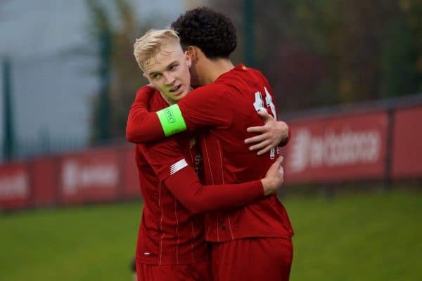 KIRKBY, ENGLAND - Wednesday, November 27, 2019: Liverpool's Luis Longstaff (L) celebrates scoring the fifth goal with team-mate captain Curtis Jones during the UEFA Youth League Group E match between Liverpool FC Under-19's and SSC Napoli Under-19's at the Liverpool Academy. (Pic by David Rawcliffe/Propaganda)