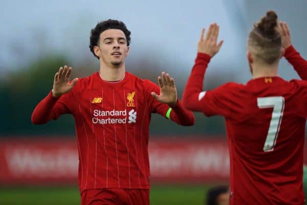 KIRKBY, ENGLAND - Wednesday, November 27, 2019: Liverpool's captain Curtis Jones celebrates scoring the fourth goal during the UEFA Youth League Group E match between Liverpool FC Under-19's and SSC Napoli Under-19's at the Liverpool Academy. (Pic by David Rawcliffe/Propaganda)