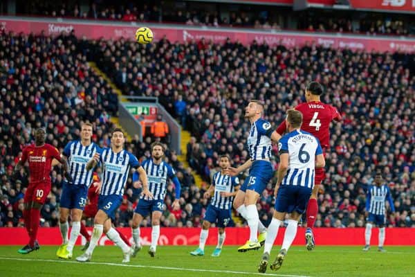 LIVERPOOL, ENGLAND - Saturday, November 30, 2019: Liverpool's Virgil van Dijk scores the first goal with a header during the FA Premier League match between Liverpool FC and Brighton & Hove Albion FC at Anfield. (Pic by David Rawcliffe/Propaganda)