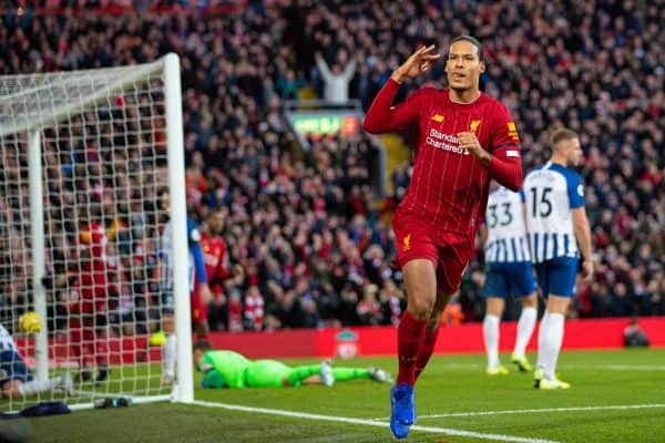 LIVERPOOL, ENGLAND - Saturday, November 30, 2019: Liverpool's Virgil van Dijk celebrates scoring the first goal during the FA Premier League match between Liverpool FC and Brighton & Hove Albion FC at Anfield. (Pic by David Rawcliffe/Propaganda)