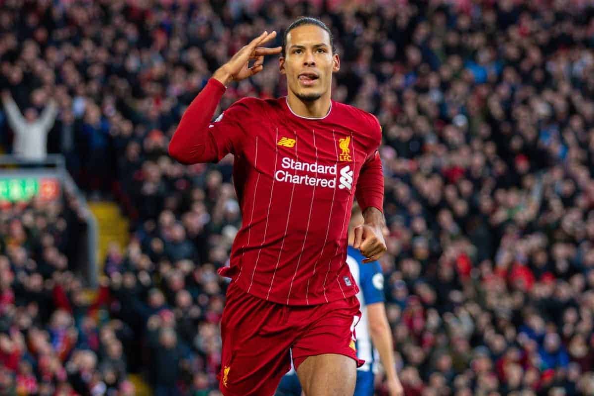 LIVERPOOL, ENGLAND - Saturday, November 30, 2019: Liverpool's Virgil van Dijk celebrates scoring the first goal during the FA Premier League match between Liverpool FC and Brighton & Hove Albion FC at Anfield. (Pic by David Rawcliffe/Propaganda)