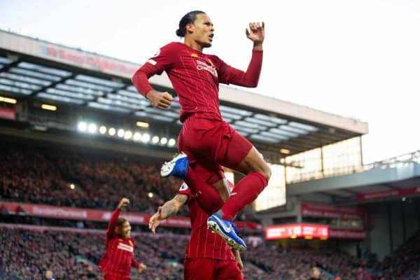 LIVERPOOL, ENGLAND - Saturday, November 30, 2019: Liverpool's Virgil van Dijk celebrates scoring the first goal during the FA Premier League match between Liverpool FC and Brighton & Hove Albion FC at Anfield. (Pic by David Rawcliffe/Propaganda)