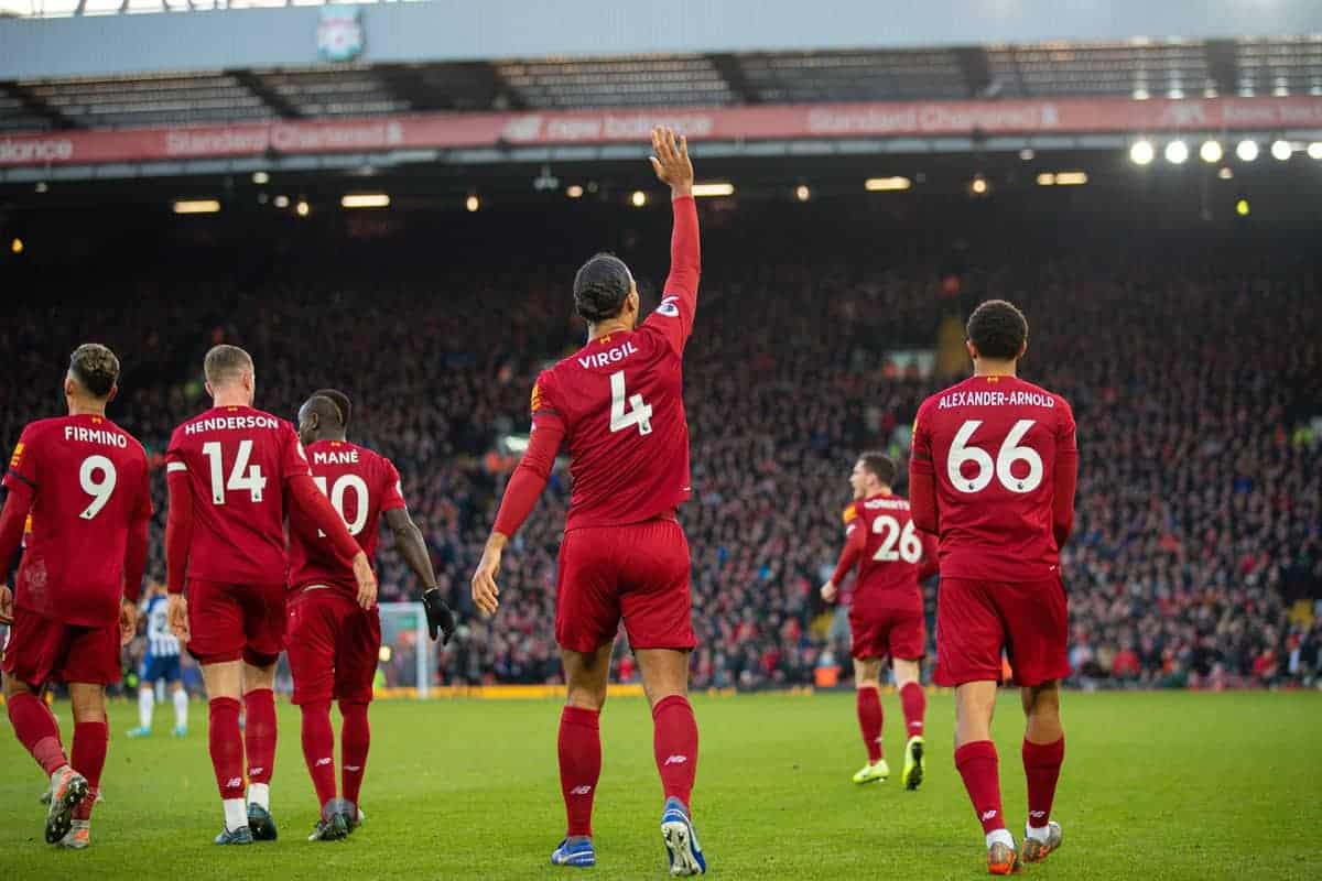 LIVERPOOL, ENGLAND - Saturday, November 30, 2019: Liverpool's Virgil van Dijk celebrates scoring the first goal during the FA Premier League match between Liverpool FC and Brighton & Hove Albion FC at Anfield. (Pic by David Rawcliffe/Propaganda)