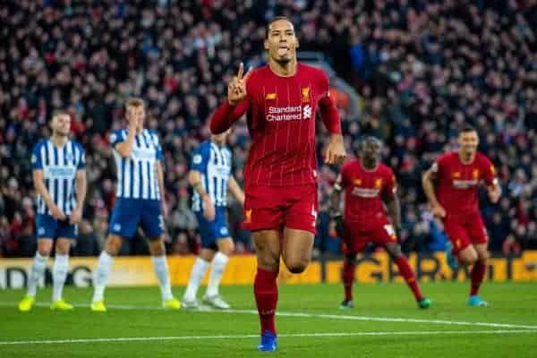 LIVERPOOL, ENGLAND - Saturday, November 30, 2019: Liverpool's Virgil van Dijk celebrates scoring the second goal, his seconf of the game, during the FA Premier League match between Liverpool FC and Brighton & Hove Albion FC at Anfield. (Pic by David Rawcliffe/Propaganda)