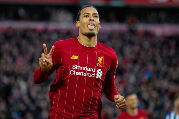 LIVERPOOL, ENGLAND - Saturday, November 30, 2019: Liverpool's Virgil van Dijk celebrates scoring the second goal, his second of the game, during the FA Premier League match between Liverpool FC and Brighton & Hove Albion FC at Anfield. (Pic by David Rawcliffe/Propaganda)