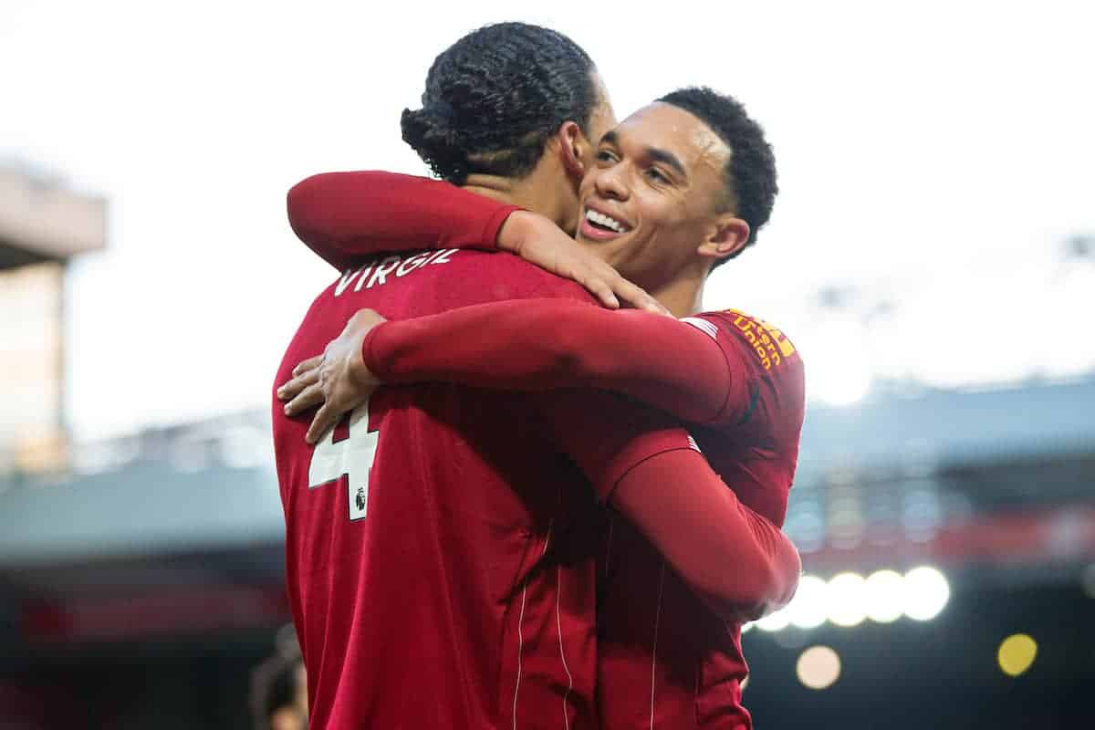 LIVERPOOL, ENGLAND - Saturday, November 30, 2019: Liverpool's Virgil van Dijk celebrates scoring the second goal, his second of the game, with team-mate Trent Alexander-Arnold who created the assist from a corner-kick, during the FA Premier League match between Liverpool FC and Brighton & Hove Albion FC at Anfield. (Pic by David Rawcliffe/Propaganda)