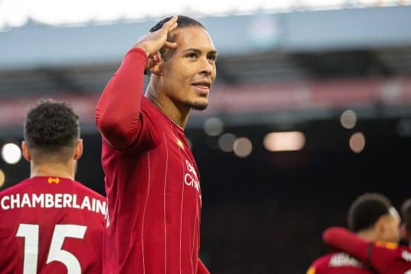 LIVERPOOL, ENGLAND - Saturday, November 30, 2019: Liverpool's Virgil van Dijk celebrates scoring the second goal, his second of the game, during the FA Premier League match between Liverpool FC and Brighton & Hove Albion FC at Anfield. (Pic by David Rawcliffe/Propaganda)