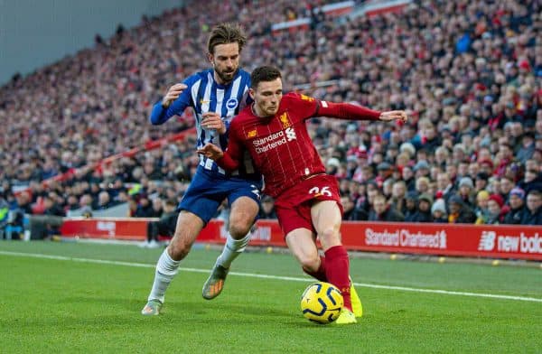 LIVERPOOL, ENGLAND - Saturday, November 30, 2019: Liverpool's Andy Robertson during the FA Premier League match between Liverpool FC and Brighton & Hove Albion FC at Anfield. (Pic by David Rawcliffe/Propaganda)