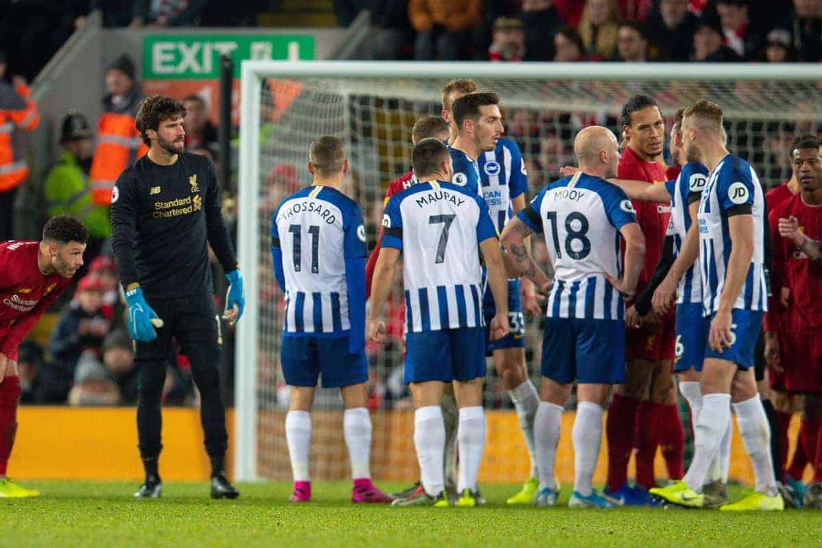 LIVERPOOL, ENGLAND - Saturday, November 30, 2019: Liverpool's goalkeeper Alisson Becker looks dejected as heshown a red card and is sent off during the FA Premier League match between Liverpool FC and Brighton & Hove Albion FC at Anfield. (Pic by David Rawcliffe/Propaganda)