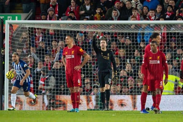 LIVERPOOL, ENGLAND - Saturday, November 30, 2019: Liverpool's substitute goalkeeper Adrián San Miguel del Castillo reacts after Brighton & Hove Albion score their first goal seconds after he came on following a red card for Alisson Becker during the FA Premier League match between Liverpool FC and Brighton & Hove Albion FC at Anfield. (Pic by David Rawcliffe/Propaganda)