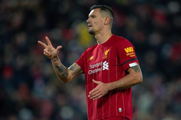 LIVERPOOL, ENGLAND - Saturday, November 30, 2019: Liverpool's Dejan Lovren celebrates winning the three points after the FA Premier League match between Liverpool FC and Brighton & Hove Albion FC at Anfield. Liverpool won 2-1 with ten men. (Pic by David Rawcliffe/Propaganda)