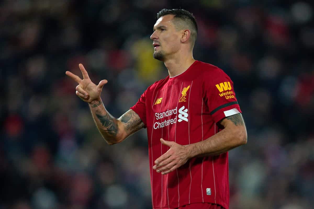 LIVERPOOL, ENGLAND - Saturday, November 30, 2019: Liverpool's Dejan Lovren celebrates winning the three points after the FA Premier League match between Liverpool FC and Brighton & Hove Albion FC at Anfield. Liverpool won 2-1 with ten men. (Pic by David Rawcliffe/Propaganda)