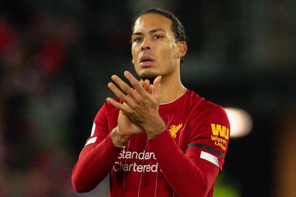 LIVERPOOL, ENGLAND - Saturday, November 30, 2019: Liverpool's two-goal hero Virgil van Dijk applauds the supporters after the FA Premier League match between Liverpool FC and Brighton & Hove Albion FC at Anfield. Liverpool won 2-1 with ten men. (Pic by David Rawcliffe/Propaganda)