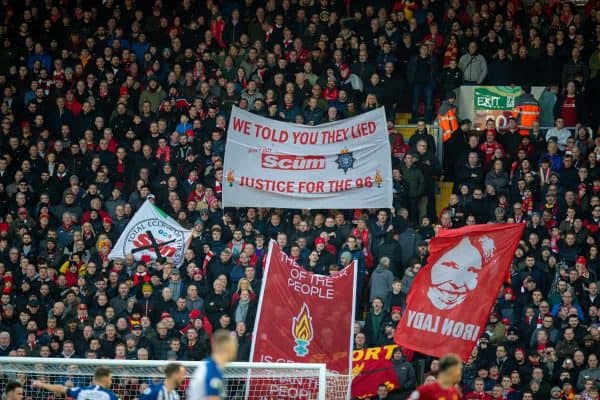 LIVERPOOL, ENGLAND - Saturday, November 30, 2019: Liverpool supporters on the Spion Kop display a banner "We Told You They Lied - Justice for the 96" remembering the 96 victims of the Hillsborough Disaster as the lies told by the Sun newspaper, before the FA Premier League match between Liverpool FC and Brighton & Hove Albion FC at Anfield. (Pic by David Rawcliffe/Propaganda)