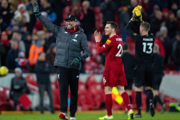 LIVERPOOL, ENGLAND - Saturday, November 30, 2019: Liverpool's manager Jürgen Klopp waves to the supporters after the FA Premier League match between Liverpool FC and Brighton & Hove Albion FC at Anfield. Liverpool won 2-1 with ten men. (Pic by David Rawcliffe/Propaganda)